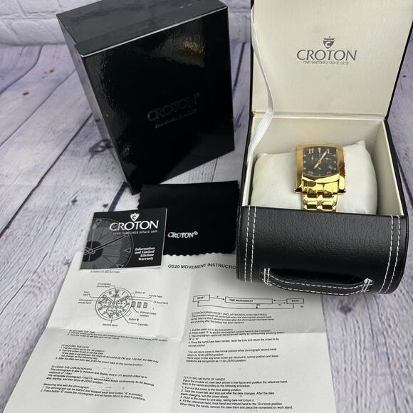 NOS Croton Chronomaster Rectangle Black Gold Stainless Steel Watch - Picture 1 of 16
